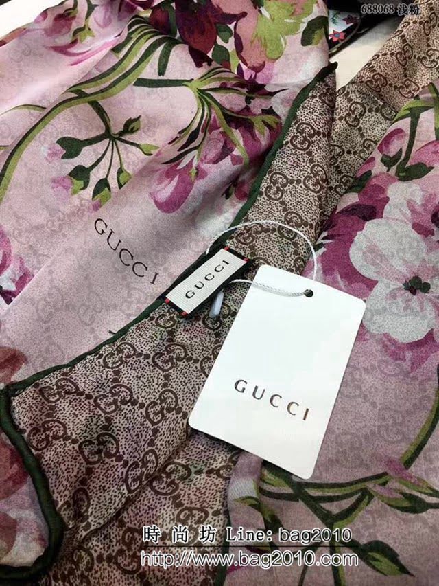 GUCCI古馳經典款 天竺葵雙層雙面印花蠶絲長圍巾 688068 LLWJ6504